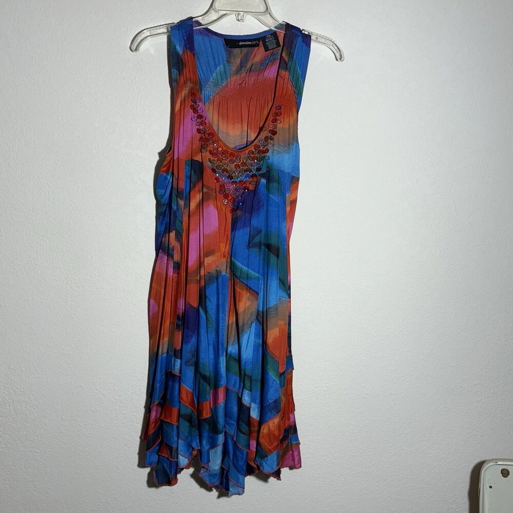 Denim 24/7 Tunic Womens 16W Red Multi‎ Embellished Scoop Neckline Flowing Boho